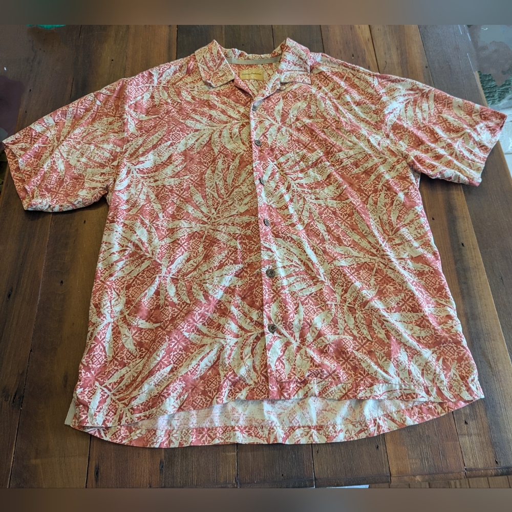 Tommy Bahama Mens X-Large Silk Button Up Short Sleeve Coastal Shirt, Palm Leaves
